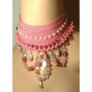 Pink Thread Crochet Bib Choker with Beads, Handmade Statement Piece